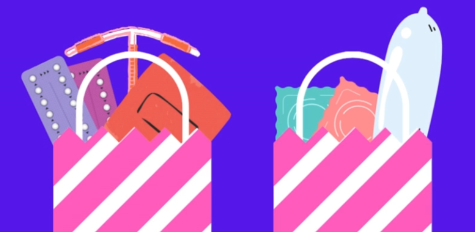 Representation of two pink and white paper bags, filled with different contraceptive methods.
