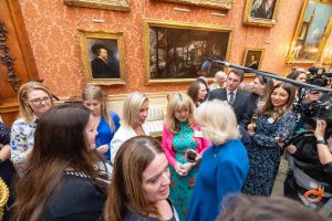 Her Majesty The Queen speaks with people during the reception including Joanna Brown from The Rowan.