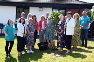 A group of people stand around a newly planted tree