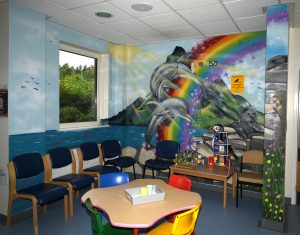 A colourful mural in a waiting area