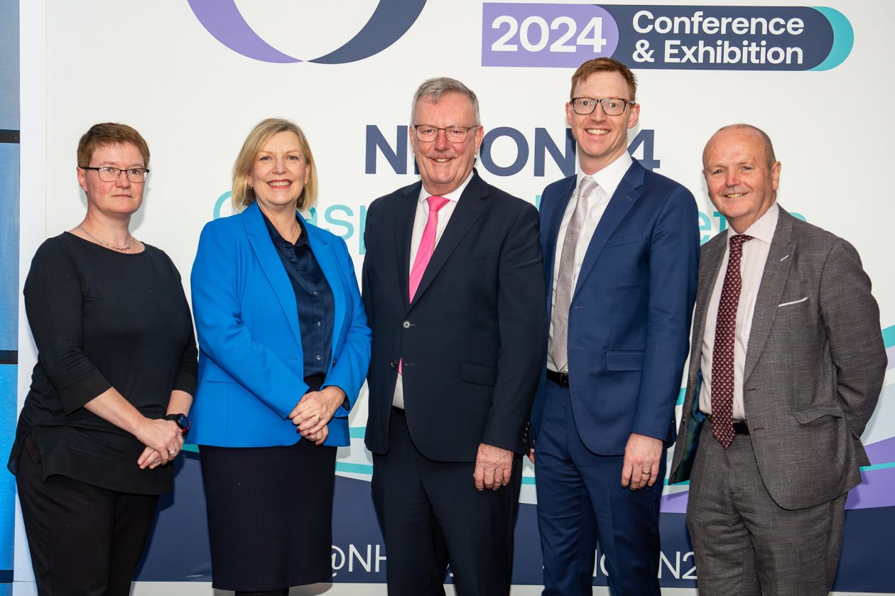 Dr Glenda Fleming Deputy Director, MOIC; Professor Cathy Harrison, Chief Pharmaceutical Officer; Health Minister Mike Nesbitt; Brian Duggan Strategic Partnership Policy Director, ABPI; Professor Michael Scott, Director, MOIC