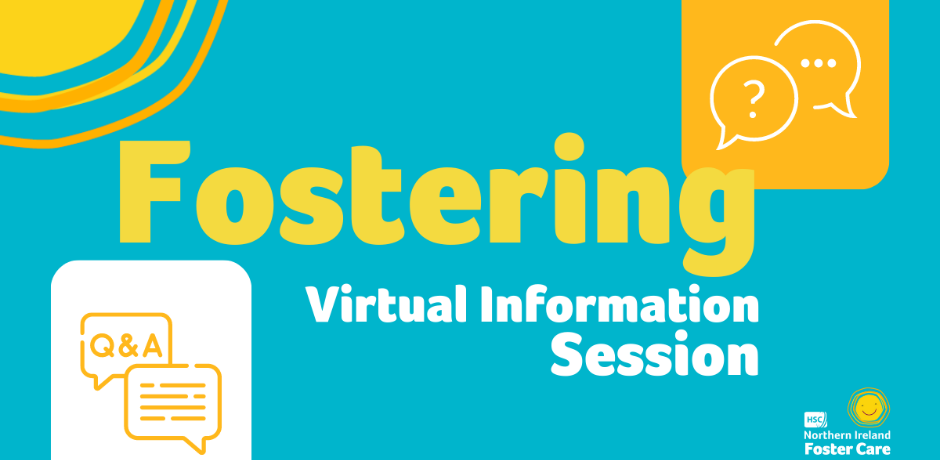 Blue background, text reads Fostering Virtual Information Sessions