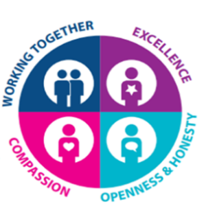Health and Social Care values - working together, excellence, openness & honesty and compassion