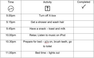 An activity table that can be used for autistic children. The left hand side of the table includes times, the middle row of the table includes activities and the right hand row includes a blank space where parents can tick off once the activity has been completed.