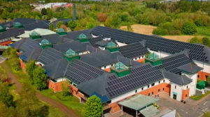 Aerial view of Causeway Hospital showing solar panels on the roof.