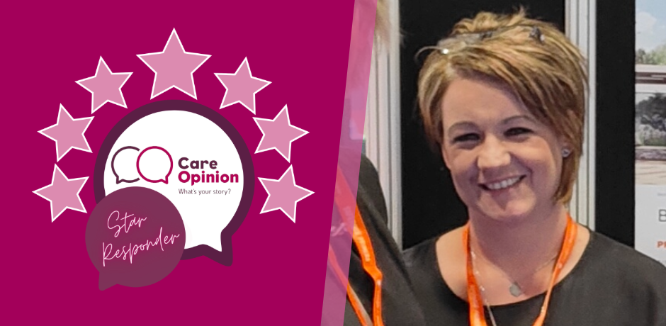A head and shoulders image of Ashleigh Moss alongside a Care Opinion Star Responder logo, made up of two speech bubbles, and seven stars, with text which reads Care Opinion, Star Responder.