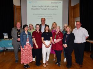 Pictured at the launch of the When Someone Dies booklet, including Trainee Consultant Nurse for Learning Disability Seamus Coyle, Learning Disability Acute Liaison and Learning Disability Practice Educator, Caroline Quinn, clinical lead Speech and Language Therapy for Adult Learning Disability, Karen Bonar, the Mayor of Antrim and Newtownabbey Borough Council, Councillor Neil Kelly and service users and support workers who helped to develop the new resource.