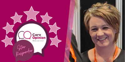 A head and shoulders image of Ashleigh Moss alongside a Care Opinion Star Responder logo, made up of two speech bubbles, and seven stars, with text which reads Care Opinion, Star Responder.