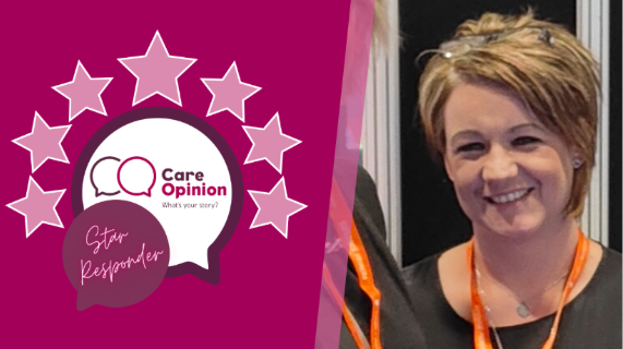 A head and shoulders image of Ashleigh Moss alongside a Care Opinion Star Responder logo, made up of two speech bubbles, and seven stars, with text which reads Care Opinion, Star Responder.