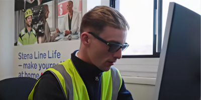 A man wearing a high-viz vest sits at a computer.