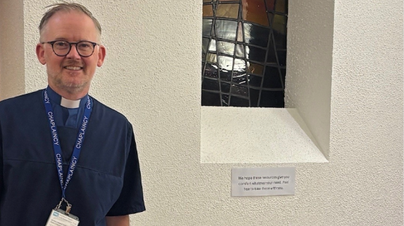 Hospital Chaplain, Rev Jonny Campbell-Smyth stands outside the hospital chapel.