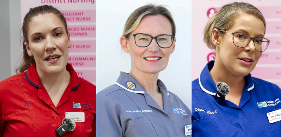 Three nurses - one is wearing a red tunic, one is wearing grey and the third is wearing blue.