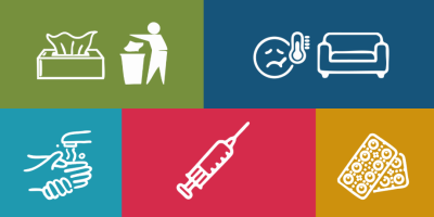Illustrations showing a person putting a tissue in a bin, a person with a high temperature and a sofa, washing hands, and medication.