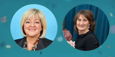 Head and shoulders photos of Alison Irwin and Yvonne Carson, on a blue background.
