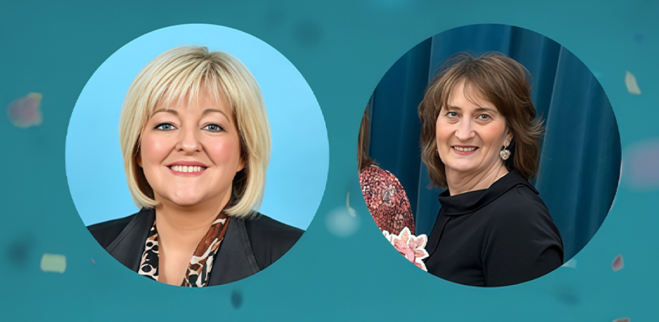 Head and shoulders photos of Alison Irwin and Yvonne Carson, on a blue background.