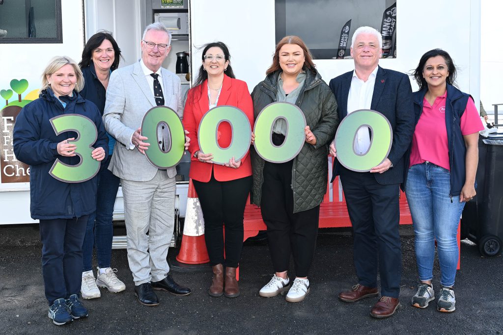 A group of people including Farm Families staff and the Health Minister holding numbers representing 30000