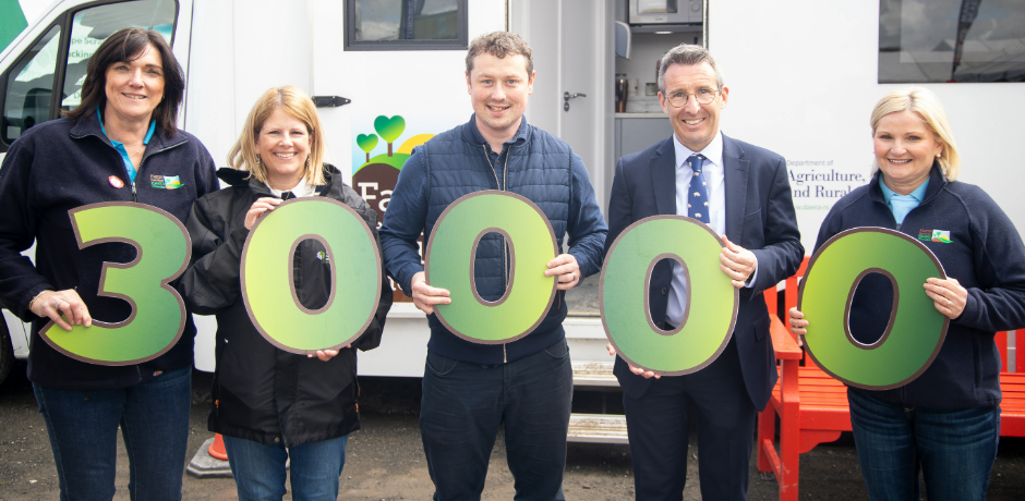 Five people standing together, holding numbers 30000