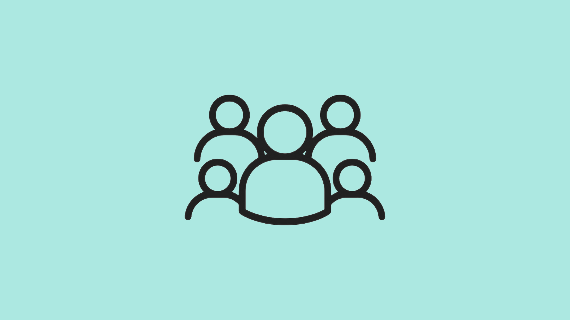 An icon in black outline on teal background, representing a group of people.