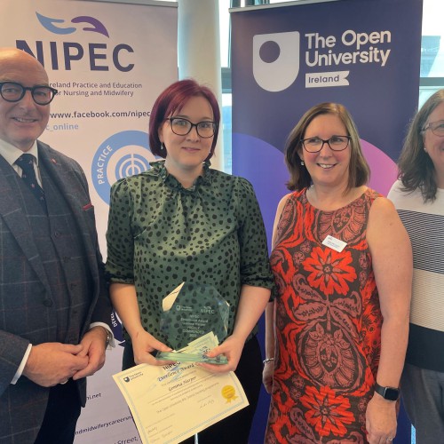Northern Trust nurse Gemma Harper pictured with her highly commended award, along with (L-R), John D’Arcy, National Director OU Ireland, Cathy McCusker from NIPEC and Donna Gallagher, Open University Professional Lead for School of Health and Wellbeing & Social Care. Northern Trust nurse Gemma Harper pictured with her highly commended award, along with (L-R), John D’Arcy, National Director OU Ireland, Cathy McCusker from NIPEC and Donna Gallagher, Open University Professional Lead for School of Health and Wellbeing & Social Care.