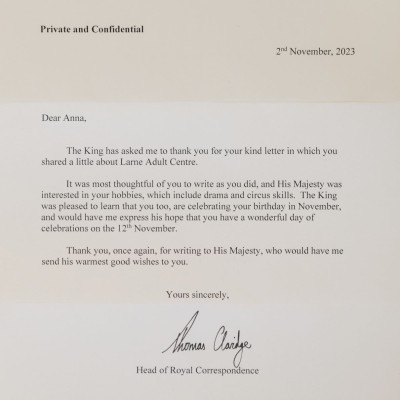 The correspondence received by Anna after she sent a letter to The King. Anna's letter from Buckingham Palace.