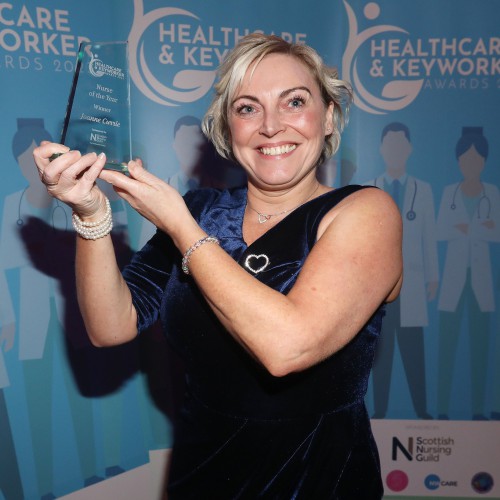 Lead Nurse for Palliative Care Joanne Currie, winner of the Nurse of the Year award. Joanne Currie holding her award.